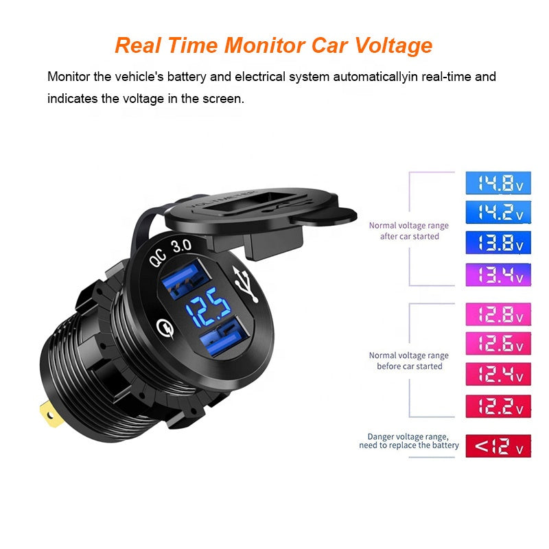 Aluminium Power Outlet with LED Voltmeter for 12V 24V Car Boat Marine Quick Charge 3.0 Dual USB Car Charger Fast Charge Socket