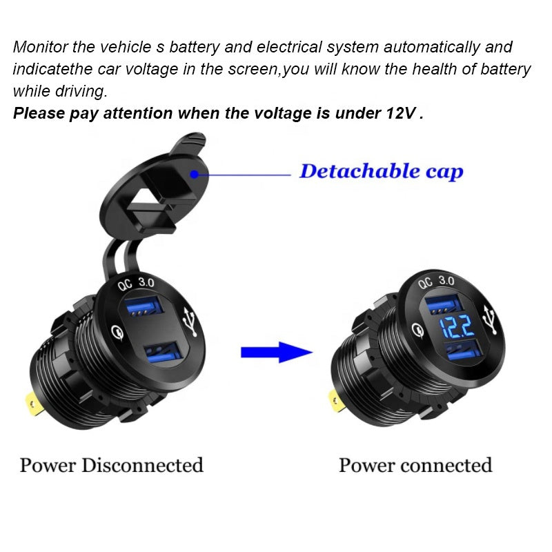 Aluminium Power Outlet with LED Voltmeter for 12V 24V Car Boat Marine Quick Charge 3.0 Dual USB Car Charger Fast Charge Socket