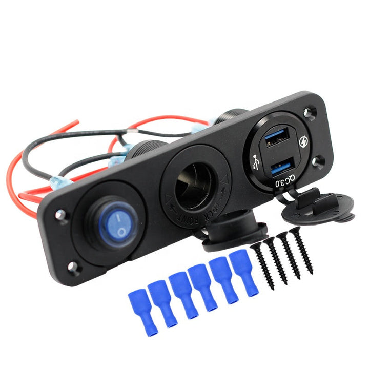 Aluminum QC 3.0 Dual USB Ports with LED Voltmeter 12V Power Socket Outlet for Car Boat Marine RV Switch Panel