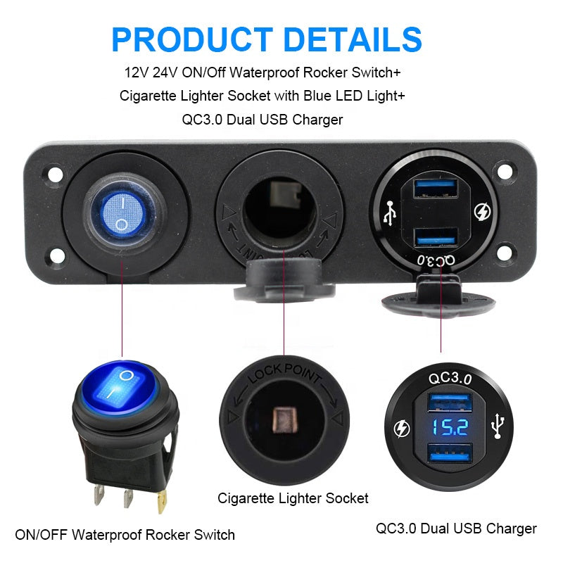 Aluminum QC 3.0 Dual USB Ports with LED Voltmeter 12V Power Socket Outlet for Car Boat Marine RV Switch Panel