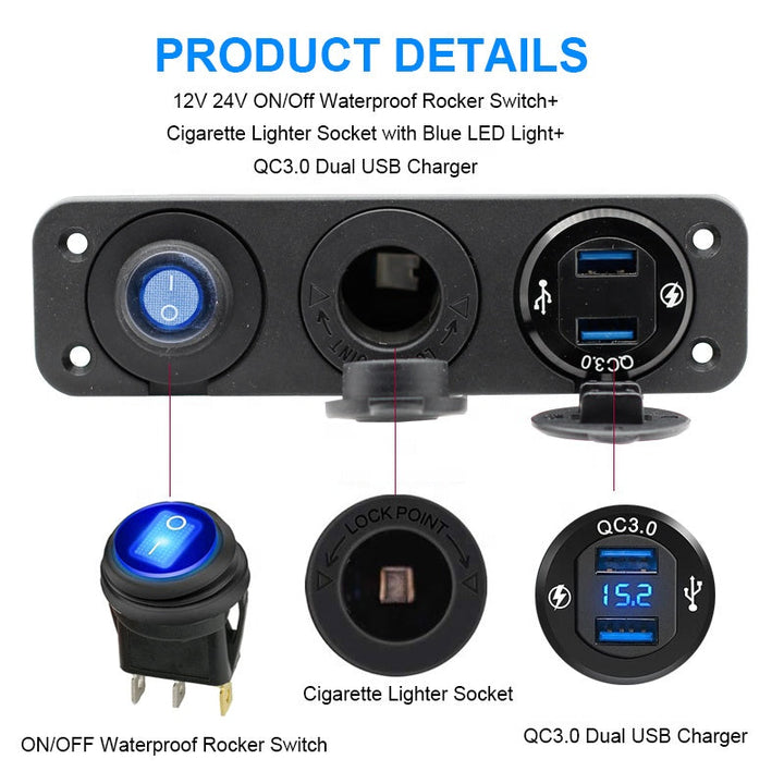 Aluminum QC 3.0 Dual USB Ports with LED Voltmeter 12V Power Socket Outlet for Car Boat Marine RV Switch Panel