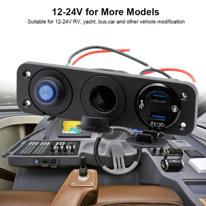 Aluminum QC 3.0 Dual USB Ports with LED Voltmeter 12V Power Socket Outlet for Car Boat Marine RV Switch Panel