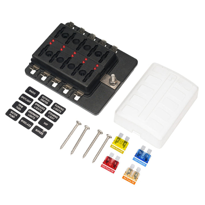 Car Fuse Box 10 Way Blade Fuse Box Holder with LED Warning Light Kit for Car Boat Marine Trike 12V 24V