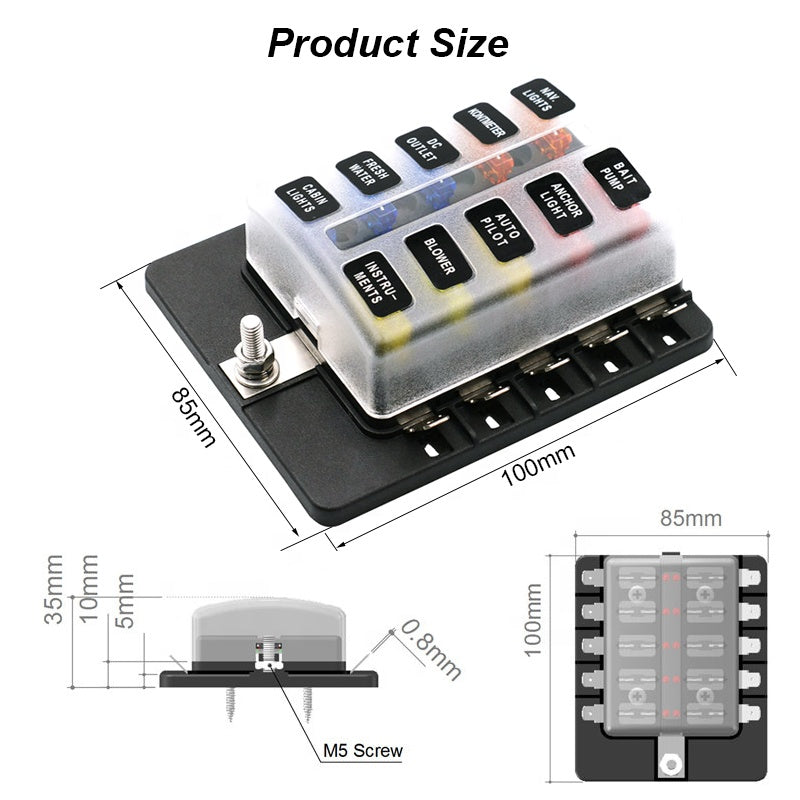 Car Fuse Box 10 Way Blade Fuse Box Holder with LED Warning Light Kit for Car Boat Marine Trike 12V 24V