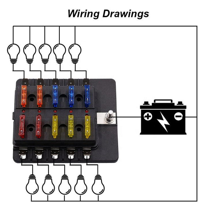 Car Fuse Box 10 Way Blade Fuse Box Holder with LED Warning Light Kit for Car Boat Marine Trike 12V 24V