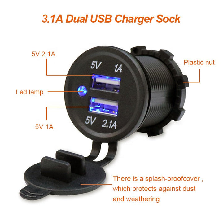 Car Motorcycle Bus Boat Marine Truck Bike Waterproof LED Light Ring 3.1A Dual Port Socket Mobile Phone USB Car Charger