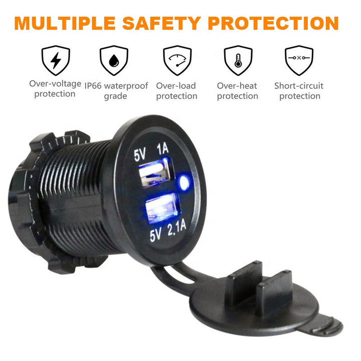 Car Motorcycle Bus Boat Marine Truck Bike Waterproof LED Light Ring 3.1A Dual Port Socket Mobile Phone USB Car Charger