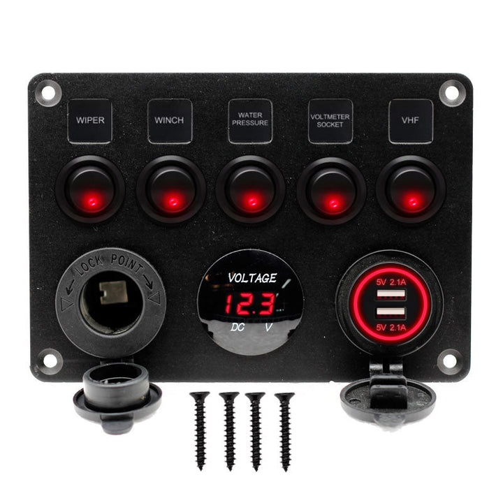 DC 12-24V Waterproof 5 Gang Rocker Switch Panel Dual USB Slot Socket 5V 4.2A Cigarette Lighter Voltmeter for Marine Boat Car Rv