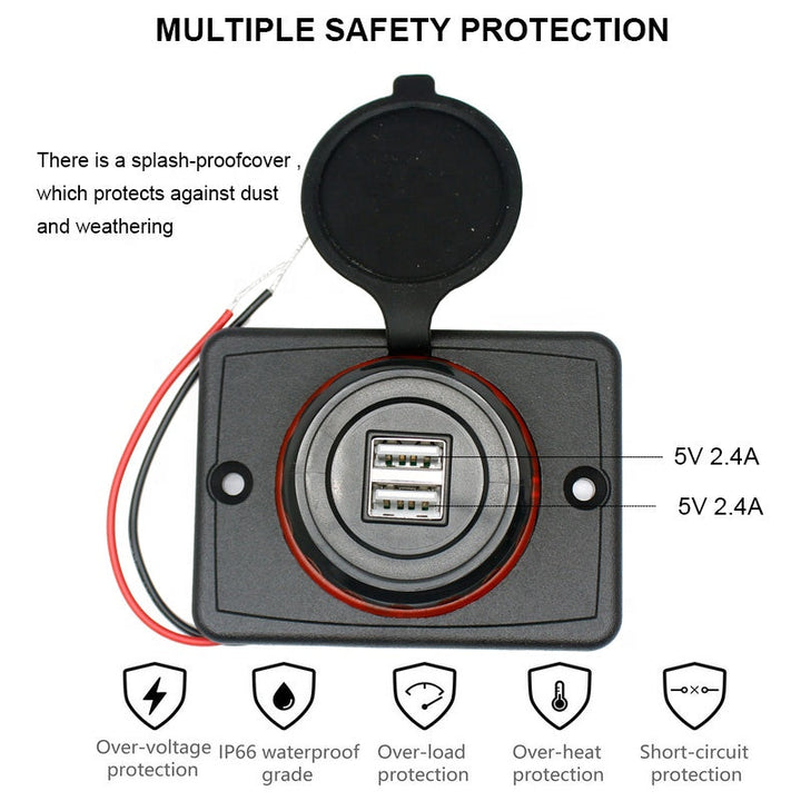 Dual 4.8A DC 12V 24V Panel Mount Train Tram Marine Boat Car Bus Seat USB Charging Port Bus USB Charger