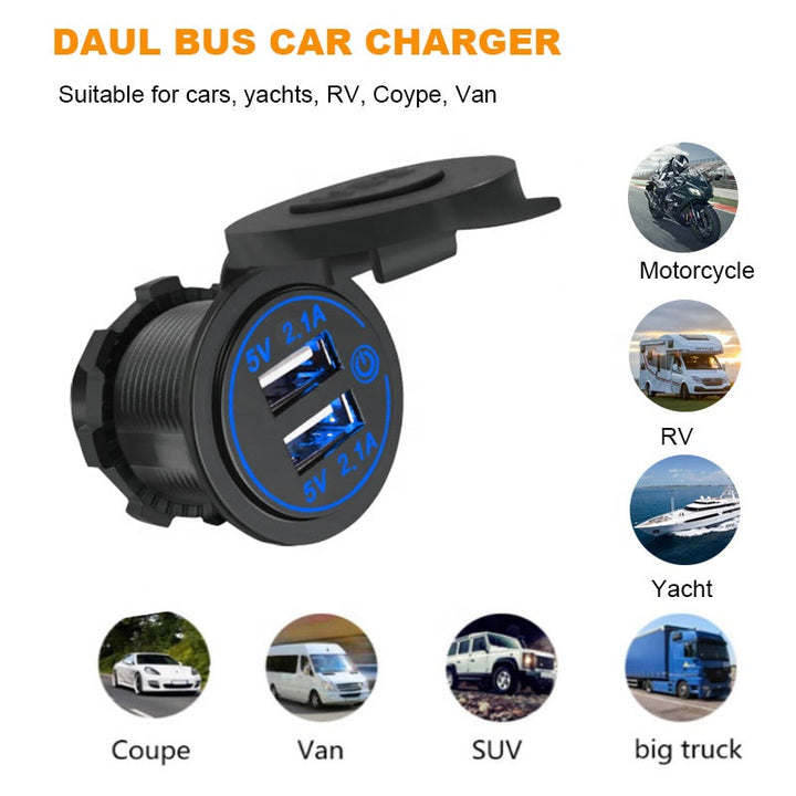 Dual Quick Charge 4.8A Car Charger Socket with LED Voltmeter 12V/24V 36W USB Charger Waterproof Power Socket