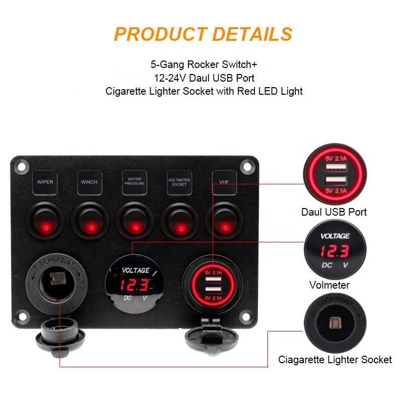 Dual USB Charger Digital Volmeterwith Circuit Breakers for RV Car Boat 12V Outlet Pre-Wired 5 Gang Rocker Switch Panel