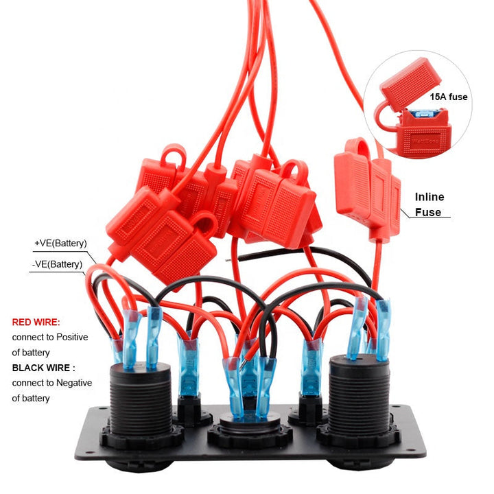 Dual USB Charger Digital Volmeterwith Circuit Breakers for RV Car Boat 12V Outlet Pre-Wired 5 Gang Rocker Switch Panel