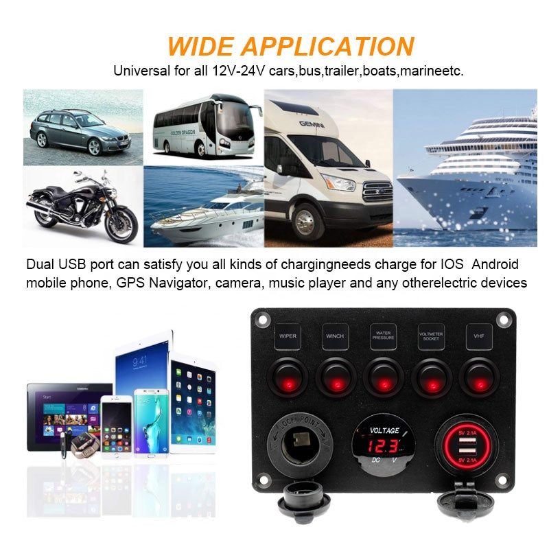 Dual USB Charger Digital Volmeterwith Circuit Breakers for RV Car Boat 12V Outlet Pre-Wired 5 Gang Rocker Switch Panel