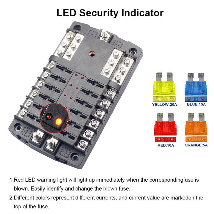 Extractme Upgraded 12 Way Fuse Block Box with Thumbscrew and LED Indicator 12 Circuit Blade Fuse Box Holder