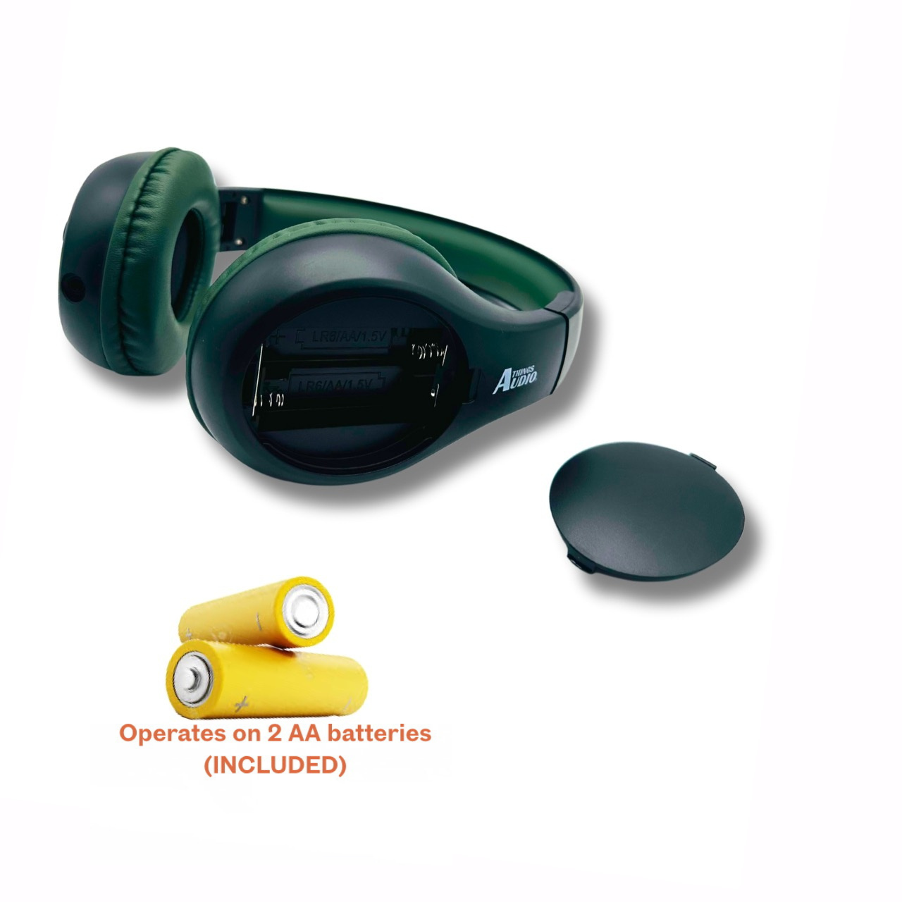 Things Audio black and army green over-ear FM radio headphones with AA batteries included