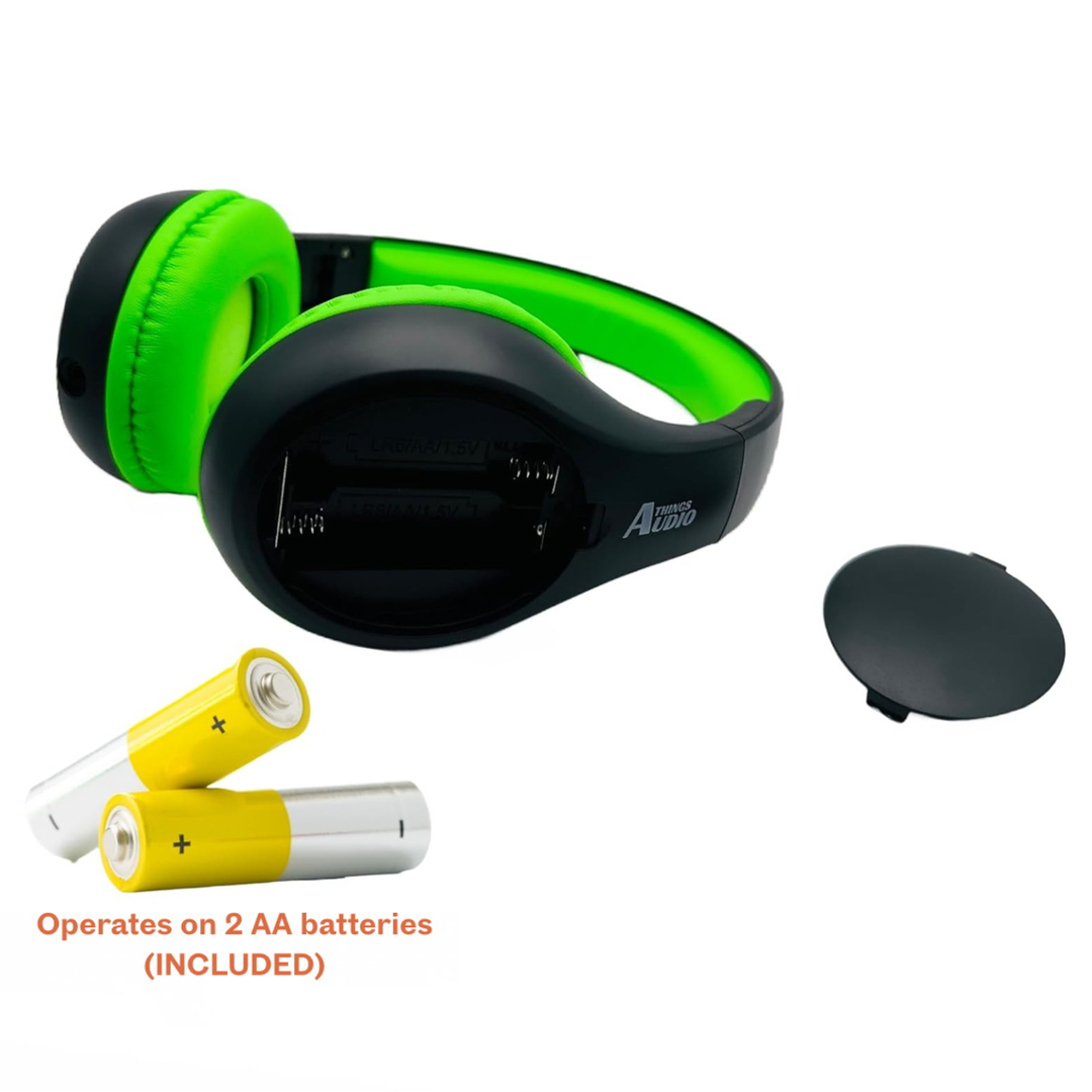 Things Audio black and lime green over-ear FM radio headphones with AA batteries included