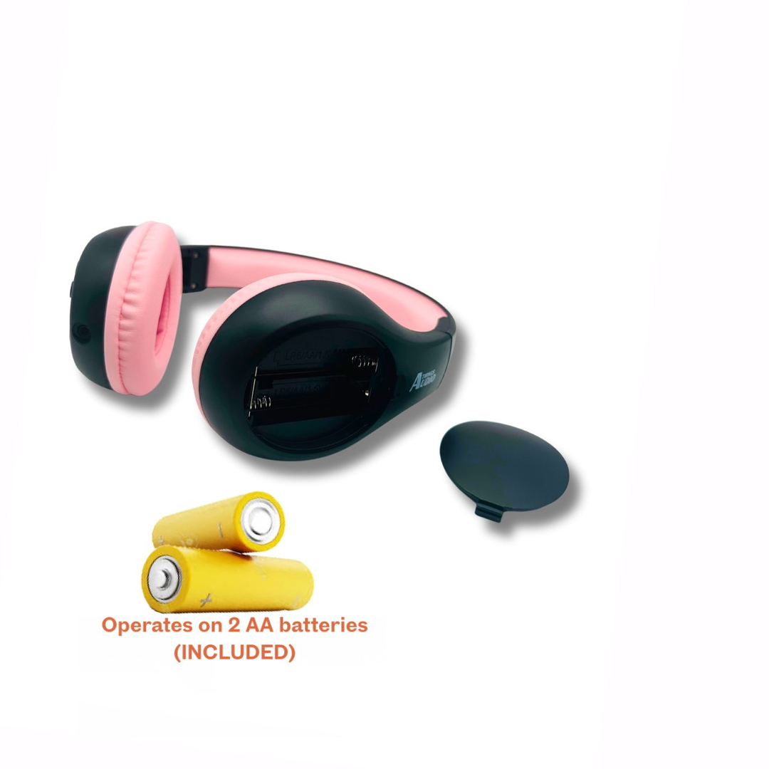 Things Audio black and pink over-ear FM radio headphones with AA batteries included