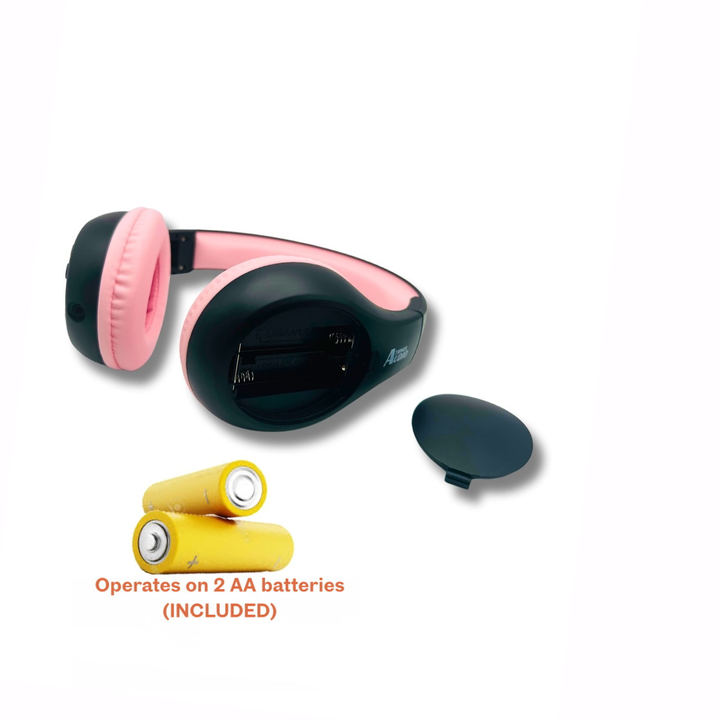 Things Audio black and pink over-ear FM radio headphones with AA batteries included