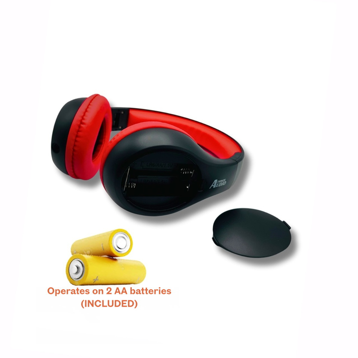 Things Audio red and black over-ear FM radio headphones with AA batteries included