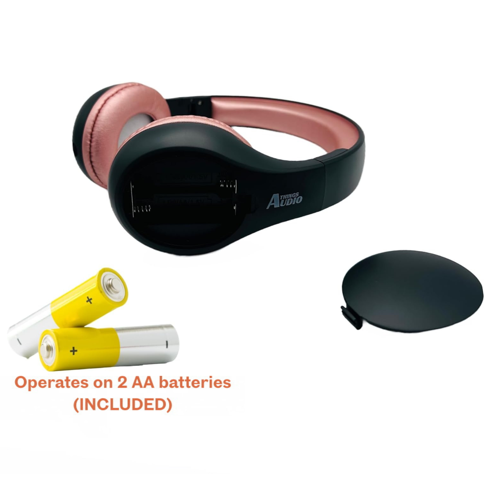 Things Audio black and rose gold over-ear FM radio headphones with AA batteries included