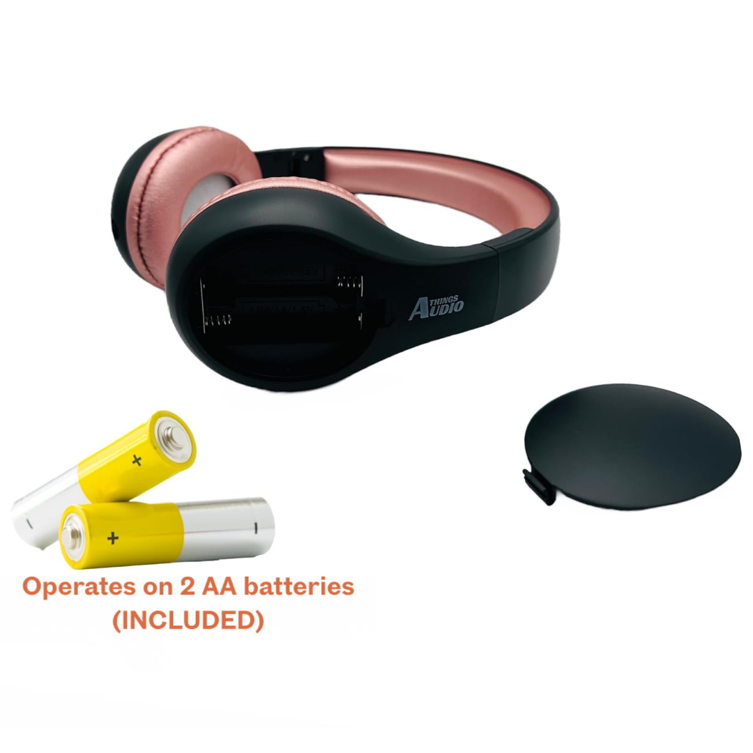 Things Audio black and rose gold over-ear FM radio headphones with AA batteries included