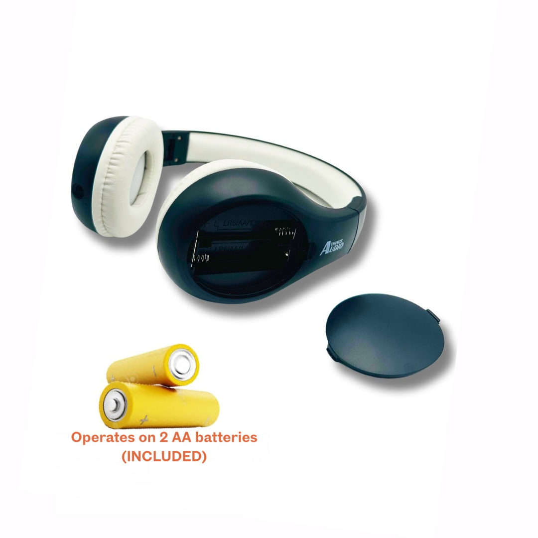 Things Audio black and white over-ear FM radio headphones with AA batteries included