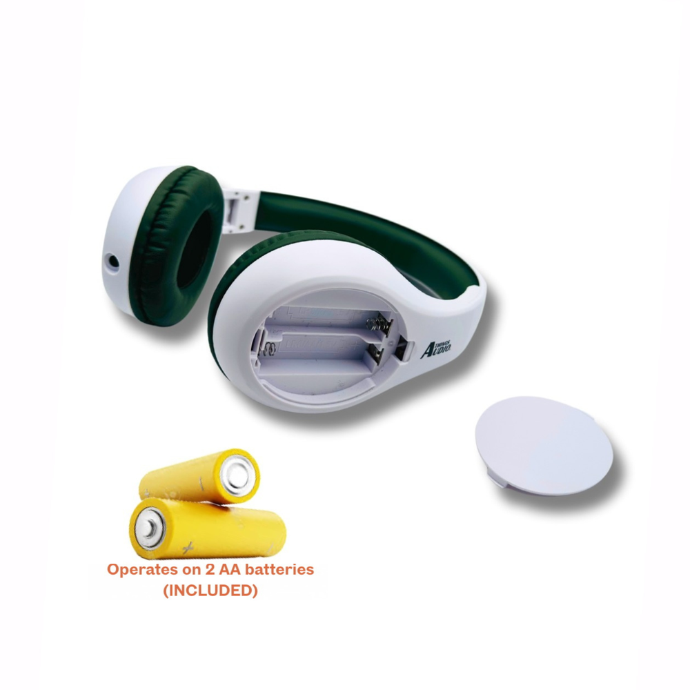 Things Audio white and army green over-ear FM radio headphones with AA batteries included