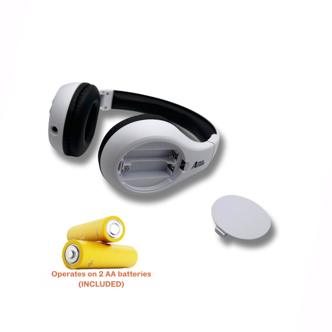 Things Audio white and black over-ear FM radio headphones with AA batteries included