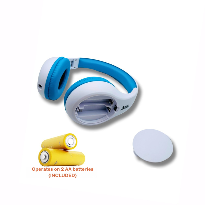 Things Audio white and blue over-ear FM radio headphones with AA batteries included