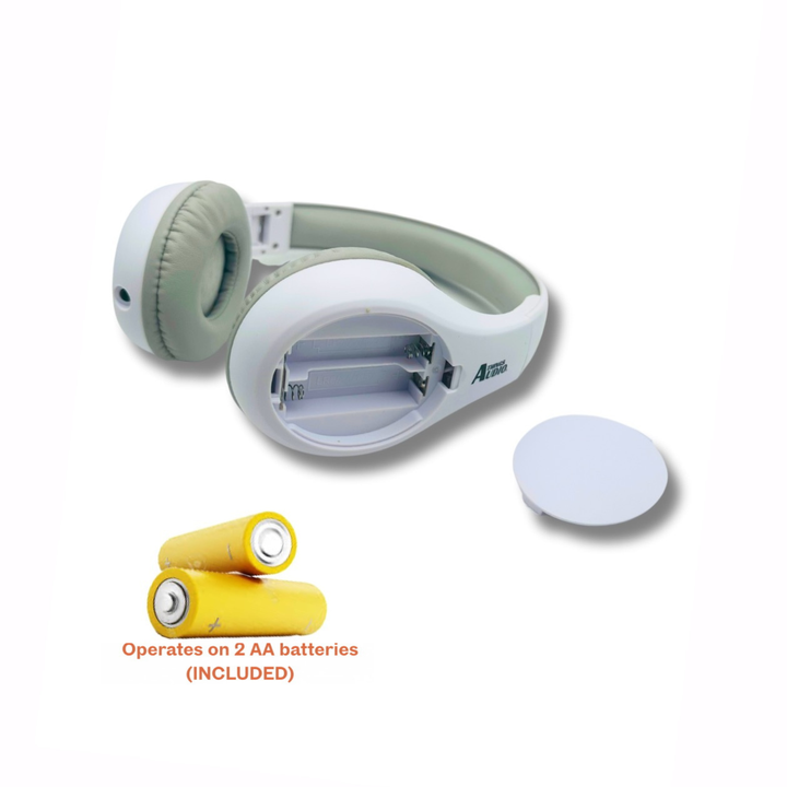 Things Audio white and gray over-ear FM radio headphones with AA batteries included