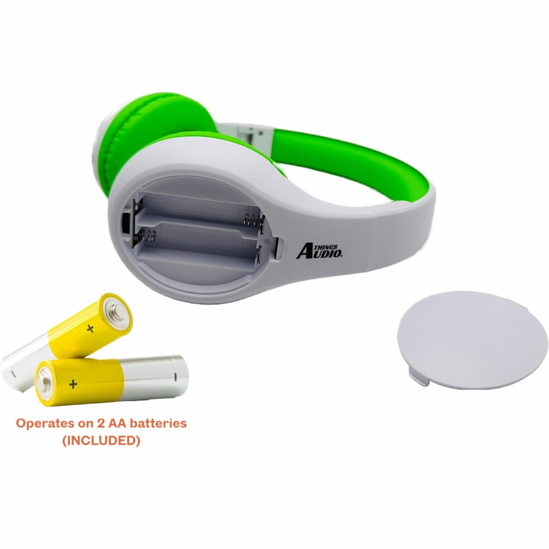 Things Audio white and lime green over-ear FM radio headphones with AA batteries included