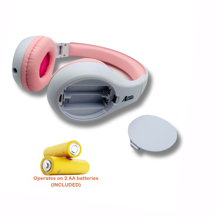 Things Audio white and pink over-ear FM radio headphones with AA batteries included