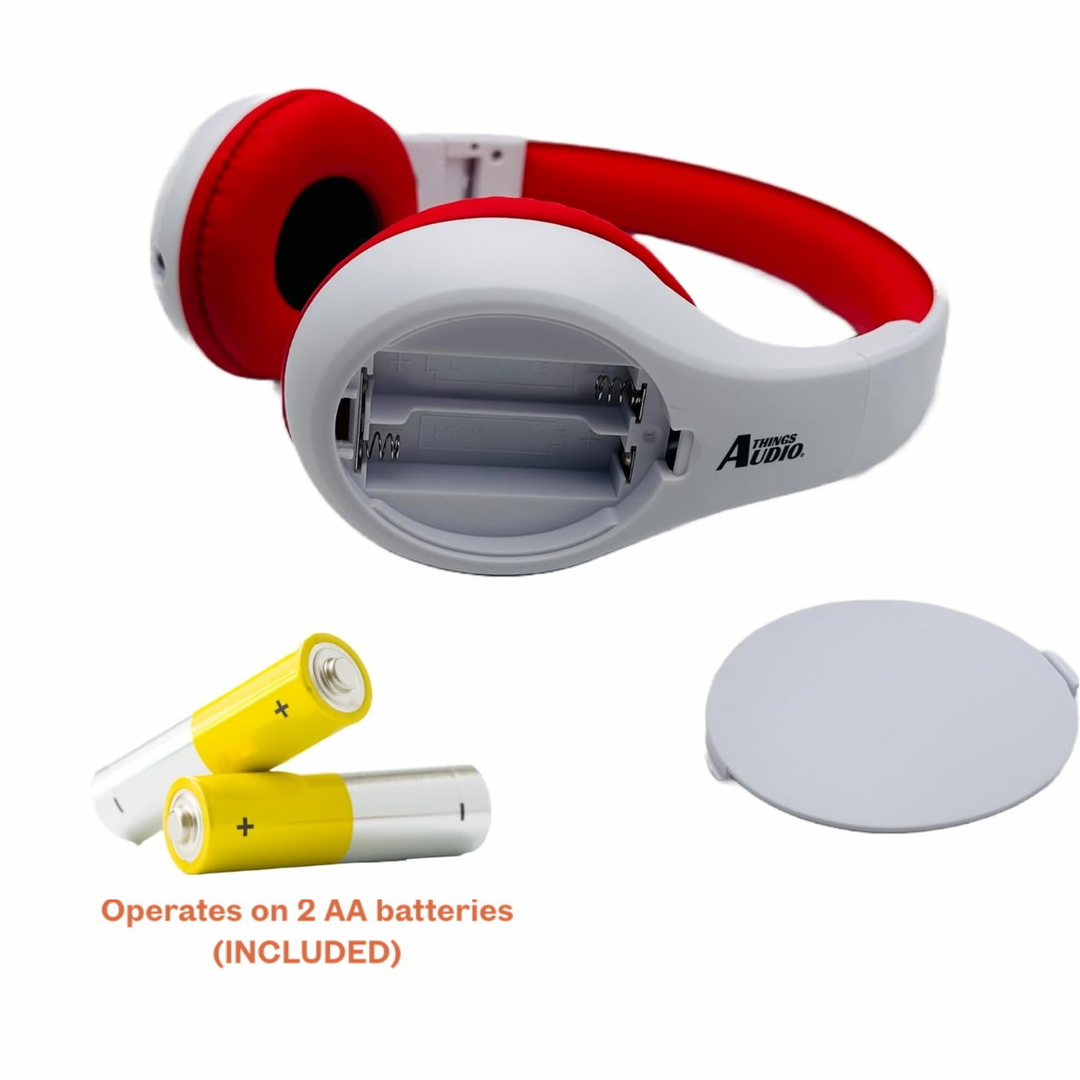 Things Audio white and red over-ear FM radio headphones with AA batteries included
