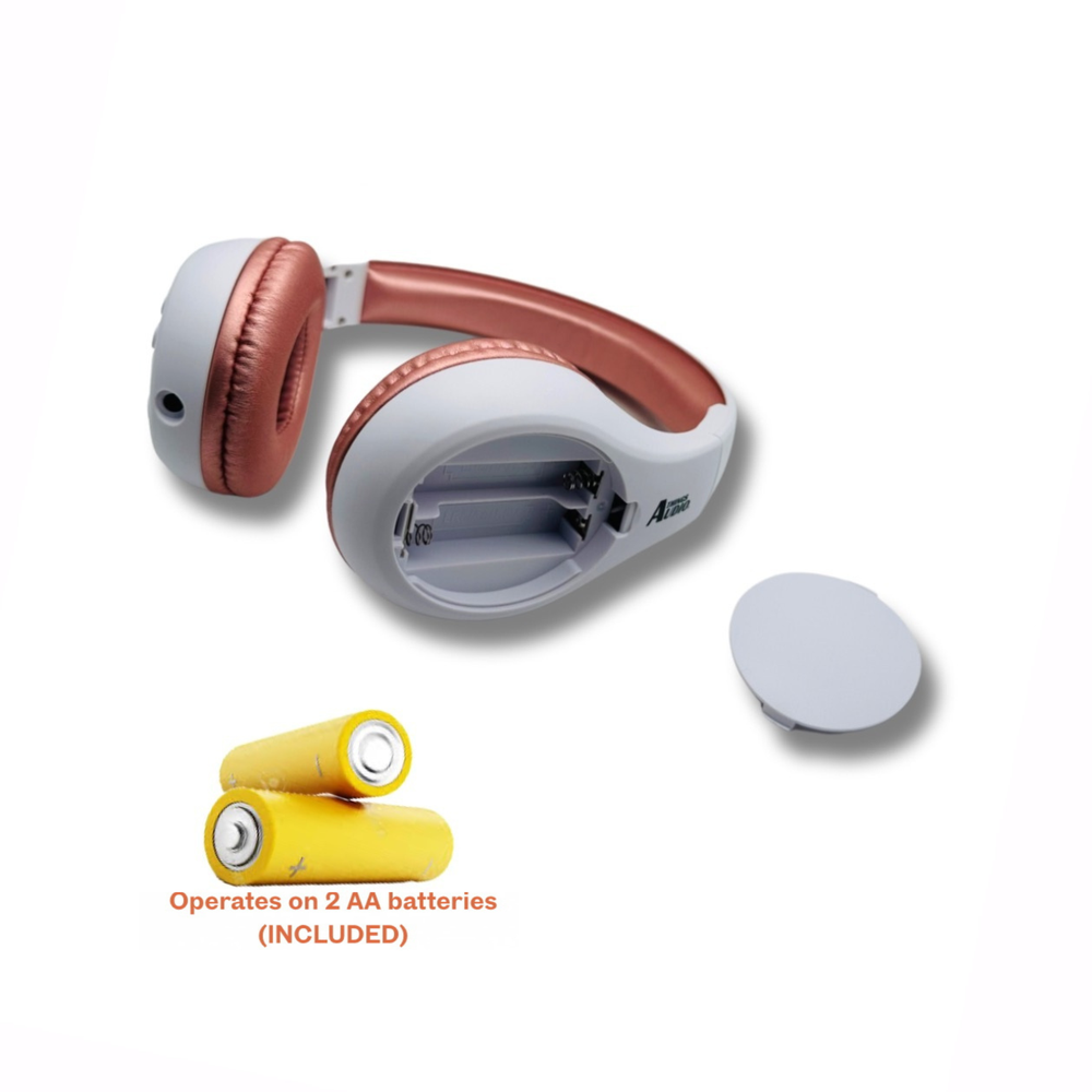 Things Audio white and rose gold over-ear FM radio headphones with AA batteries included