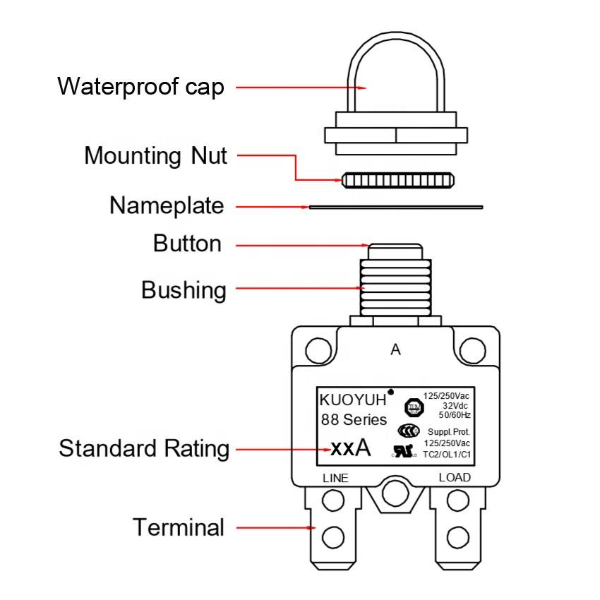 KUOYUH 18 Amp 88 Series Quick Connect Terminals Push-To-Reset Thermal Circuit Breaker