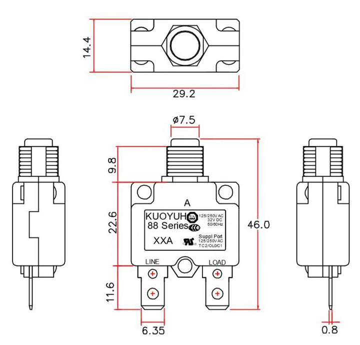 KUOYUH 22 Amp 88 Series Quick Connect Terminals Push-To-Reset Thermal Circuit Breaker