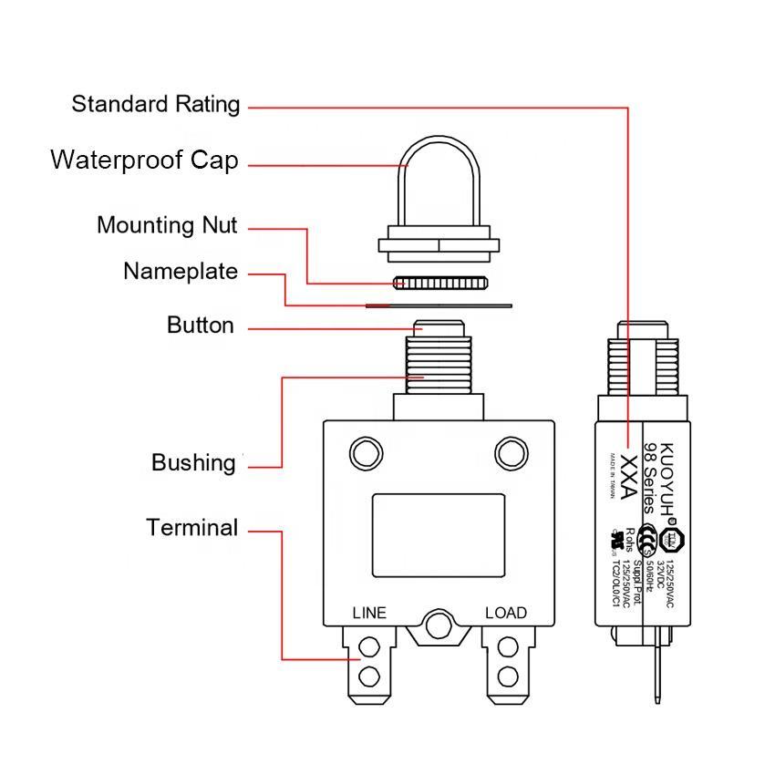 KUOYUH 23 Amp 98 Series Quick Connect Terminals Push-To-Reset Thermal Circuit Breaker