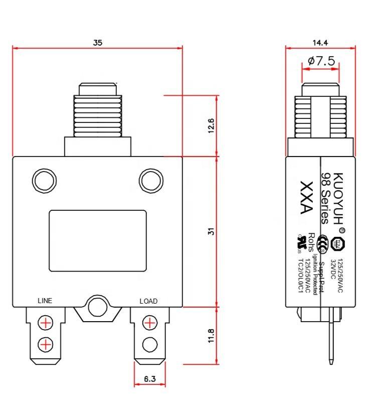 KUOYUH 7 Amp 98 Series Quick Connect Terminals Push-To-Reset Thermal Circuit Breaker