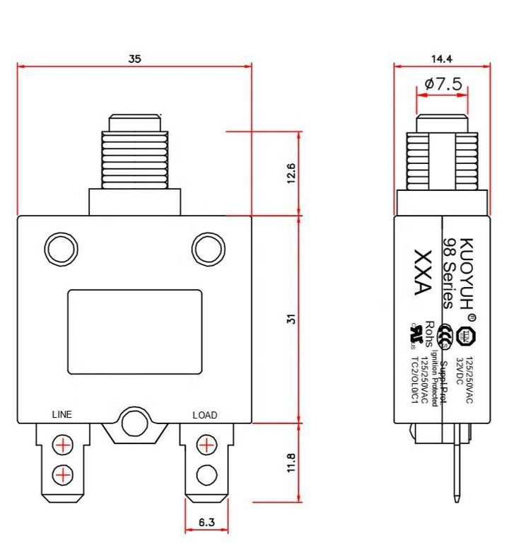 KUOYUH 25 Amp 98 Series Quick Connect Terminals Push-To-Reset Thermal Circuit Breaker