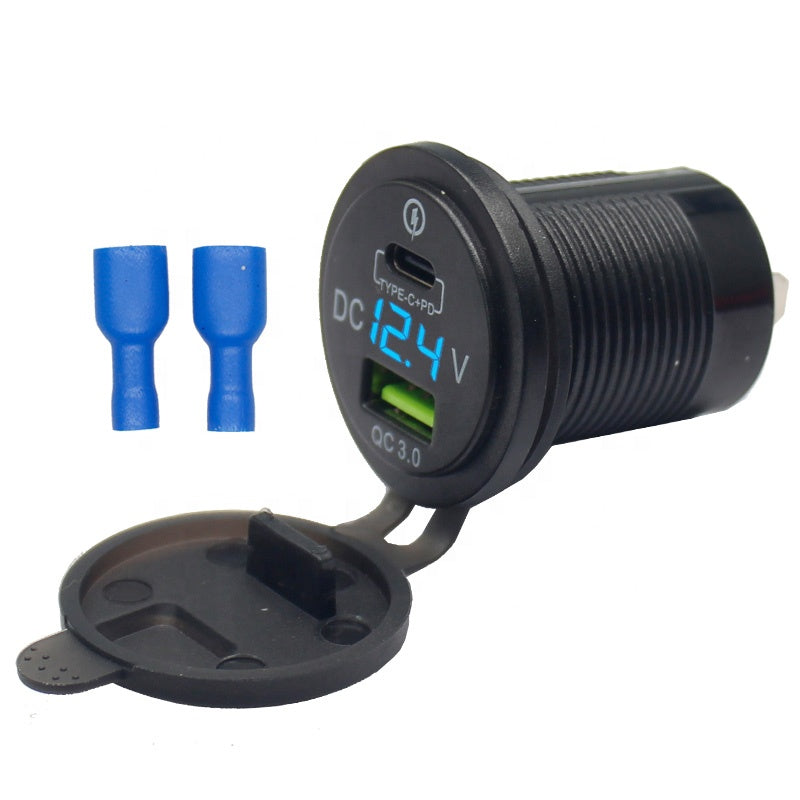 PD Type C USB Car Charger Socket and QC 3.0 Quick Charger 12V/24V Car Power Outlet Waterproof Socket 64W Dual USB Charger Socket