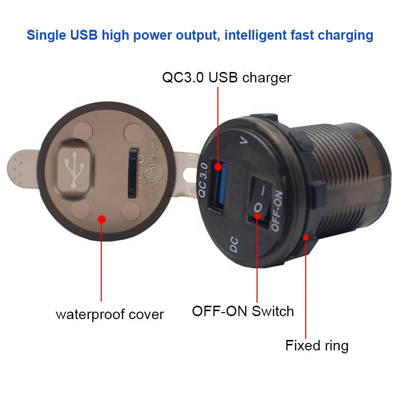 Power Outlet with Switch for Car Marine Boat Dual USB Charger Socket Waterproof 12V/24V QC3.0 Dual USB Fast Charger Socket