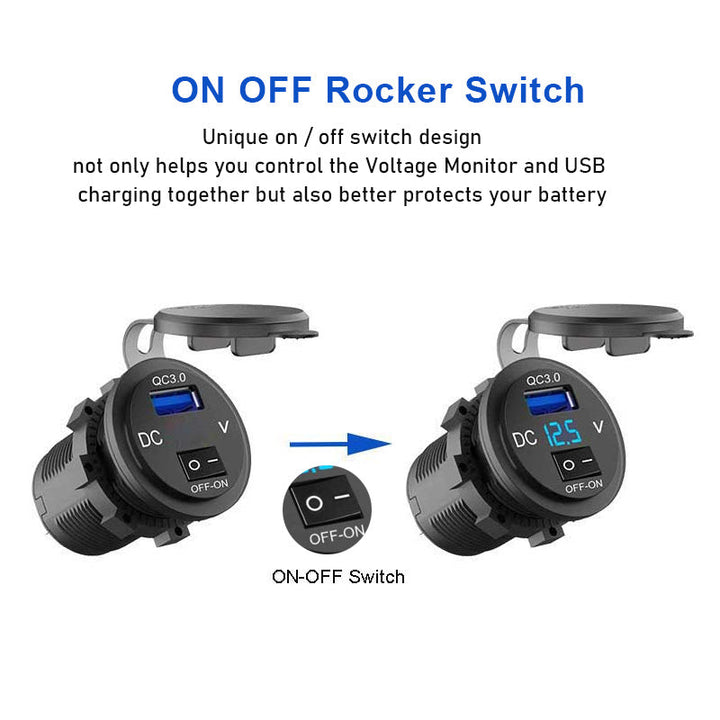 Power Outlet with Switch for Car Marine Boat Dual USB Charger Socket Waterproof 12V/24V QC3.0 Dual USB Fast Charger Socket