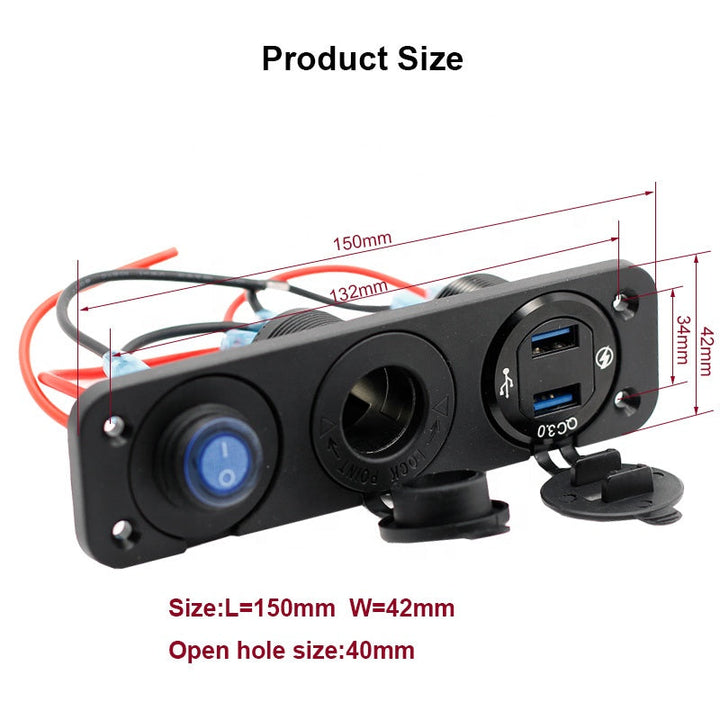 QC 3.0 Dual USB Ports with LED Voltmeter 12V Power Ignition Socket Outlet for Car Boat Marine RV Switch Panel