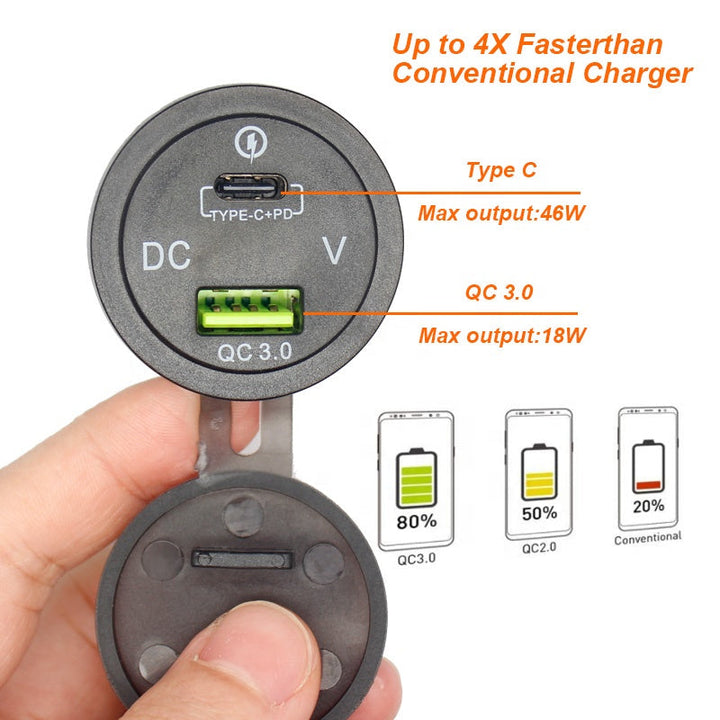 QC 3.0 Quick Charger 12V/24V Car Power Outlet Waterproof Socket 64W Dual USB Charger Socket PD Type C USB Car Charger Socket