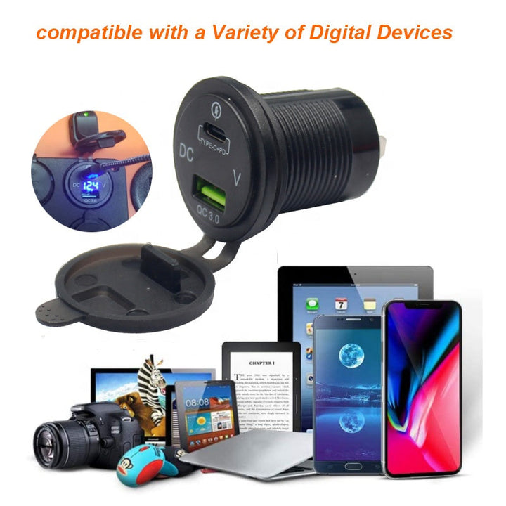 QC 3.0 Quick Charger 12V/24V Car Power Outlet Waterproof Socket 64W Dual USB Charger Socket PD Type C USB Car Charger Socket