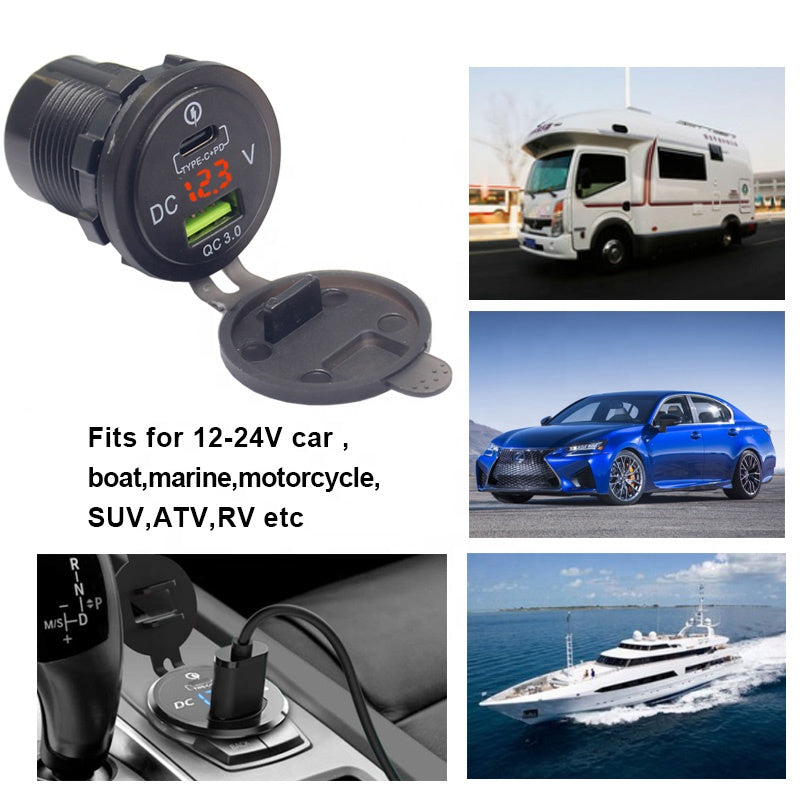 QC 3.0 Quick Charger 12V/24V Car Power Outlet Waterproof Socket 64W Dual USB Charger Socket PD Type C USB Car Charger Socket