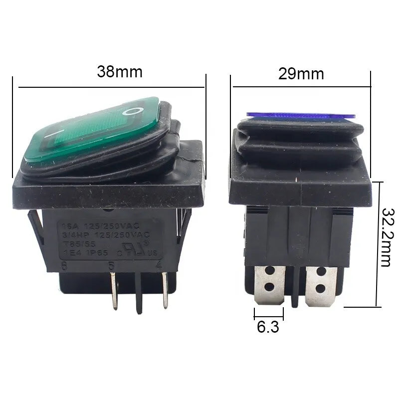 Rleil 250v 16A t100/55 waterproof green illuminated rocker switches SJ3-2(P)
