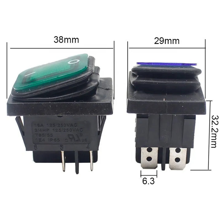Rleil 250v 16A t100/55 waterproof green illuminated rocker switches SJ3-2(P)