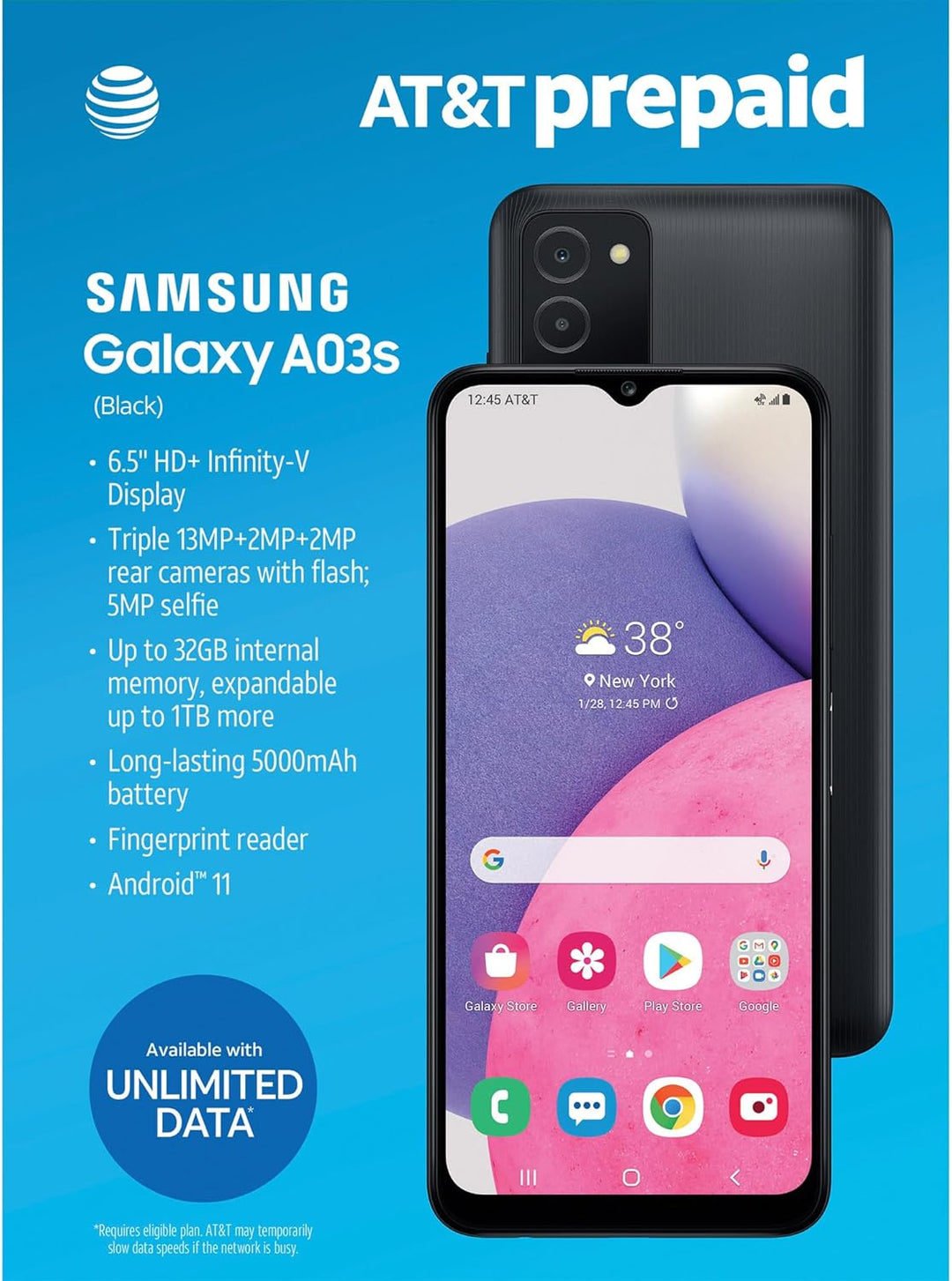 Samsung Galaxy A03s Works on AT&T Prepaid, Post Paid, Cricket, H2O & RedPocket Mobile GSM, (Locked to AT&T & AT&T MVNOs) Includes SIM Card for AT&T Prepaid Service & H2O Prepaid Service on AT&T Network