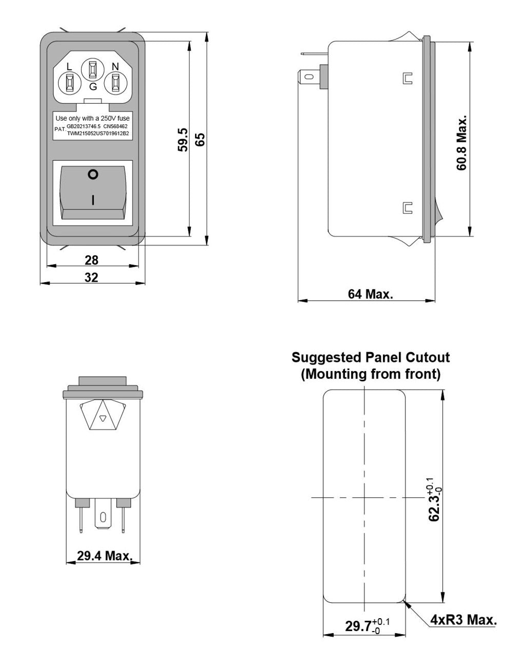 Snap-in version of power entry module with noise filter IEC320 C14 SOCKET ROCKET 2FUSE HOLDER